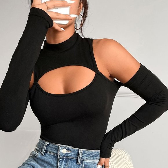 Black High Neck Cut Out Front Bodysuit - Picture 5 of 14